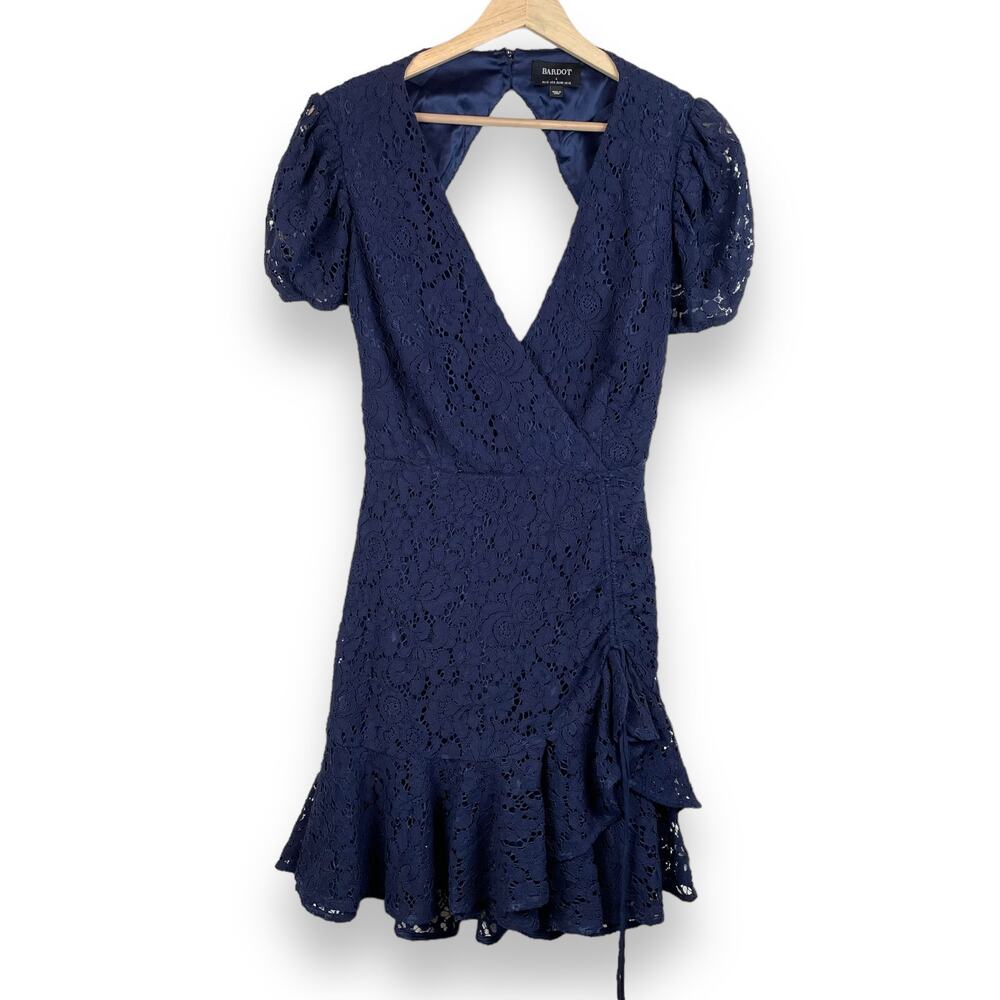 Bardot Lace Tie Back Mini Dress Navy Blue Size L NEW Open Back Coquette Bow
